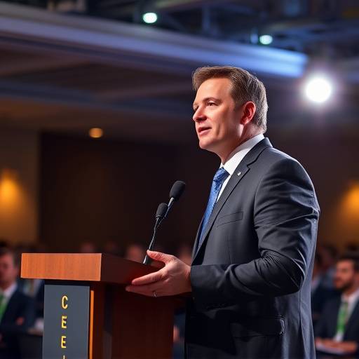CEO giving a keynote speech at a corporate conference, professionally filmed and edited.