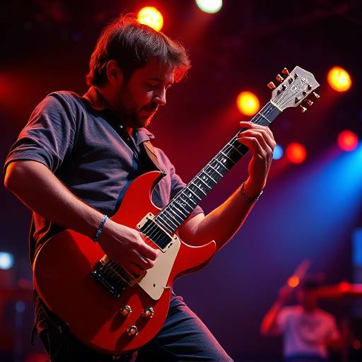 Close-up shot of a musician playing guitar on stage during a concert, illuminated by vibrant stage lighting.