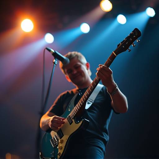 Close-up shot of a musician playing guitar on stage during a concert.