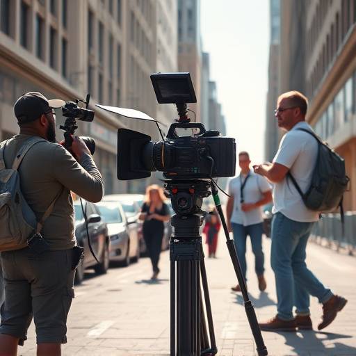 Crew filming a commercial scene on a city street.