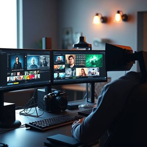 Editor working on a video editing workstation with multiple monitors.