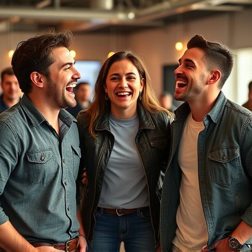 Energetic scene from a commercial shoot with actors laughing.