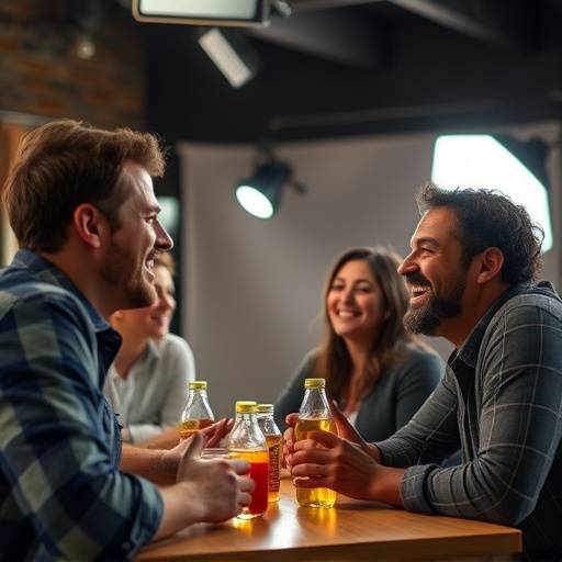 Energetic scene from a commercial shoot with actors laughing and enjoying a new beverage product.