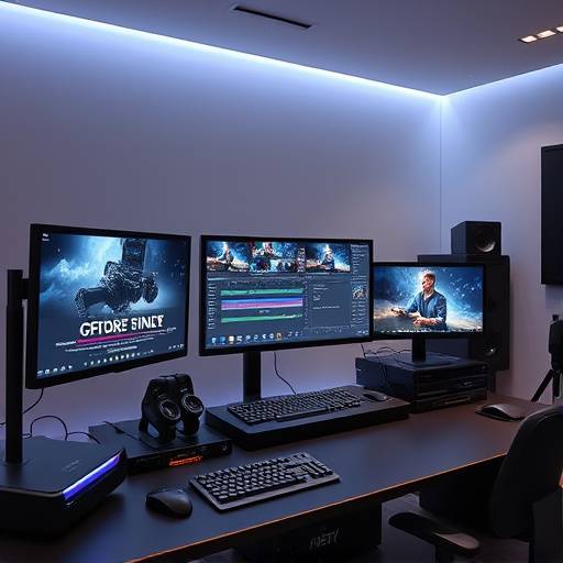 High-end video editing workstation with multiple monitors and editing software.