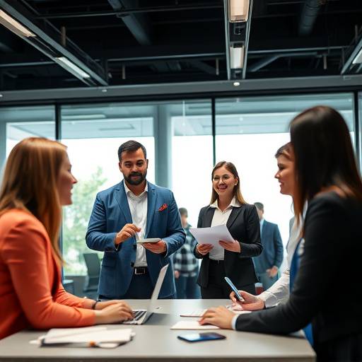 Montage of clips from a corporate training video, showcasing diverse employees collaborating in a modern office environment.