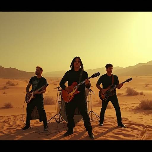 Music video of a band playing in a desert landscape.