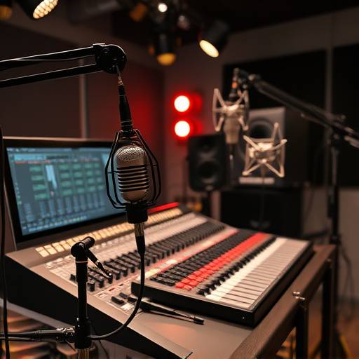 Professional audio recording equipment including microphones and a sound mixer.