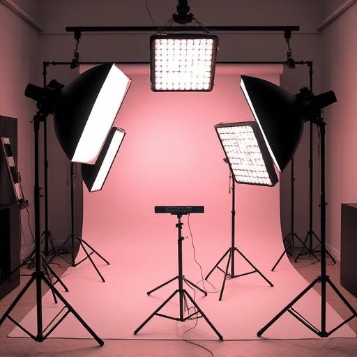 Professional lighting setup with softboxes and LED panels.