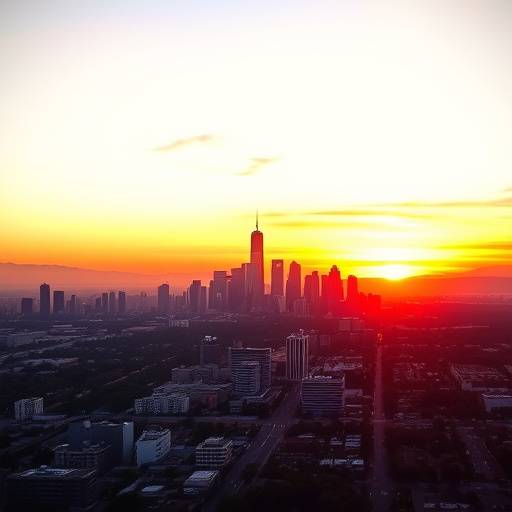 Stunning aerial shot of Los Angeles skyline at sunset.