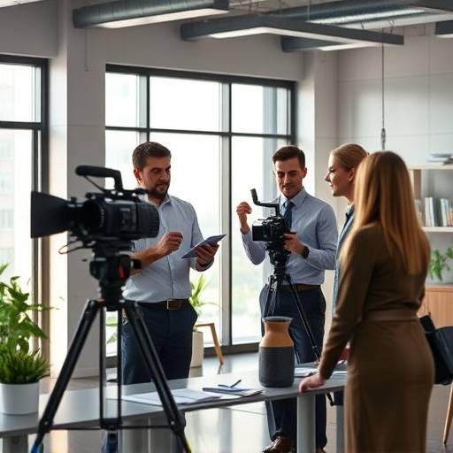 Team collaborating on a corporate video shoot in an office environment.